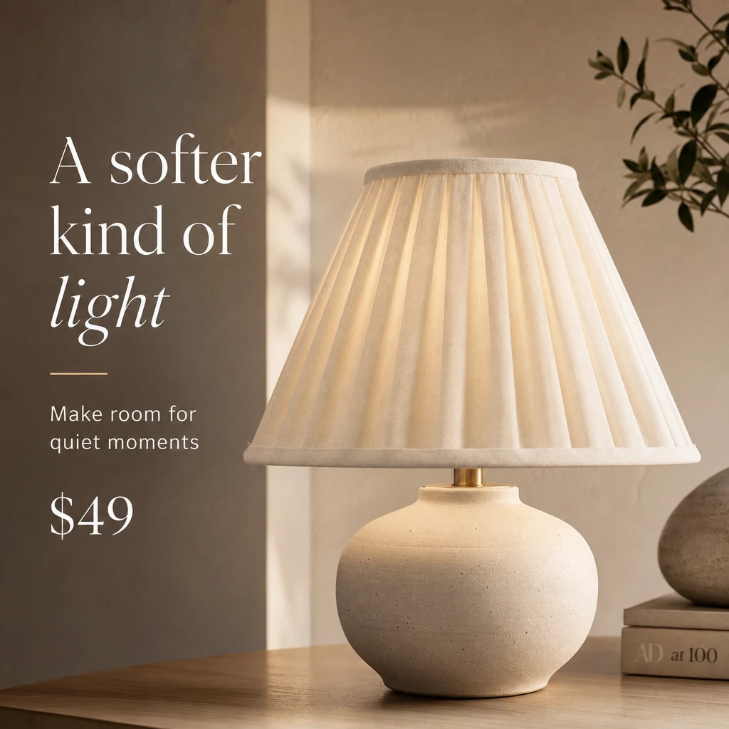 AI-created lamp scene with the headline A softer kind of light